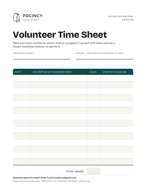 Preview of the PDCINCY volunteer time sheet